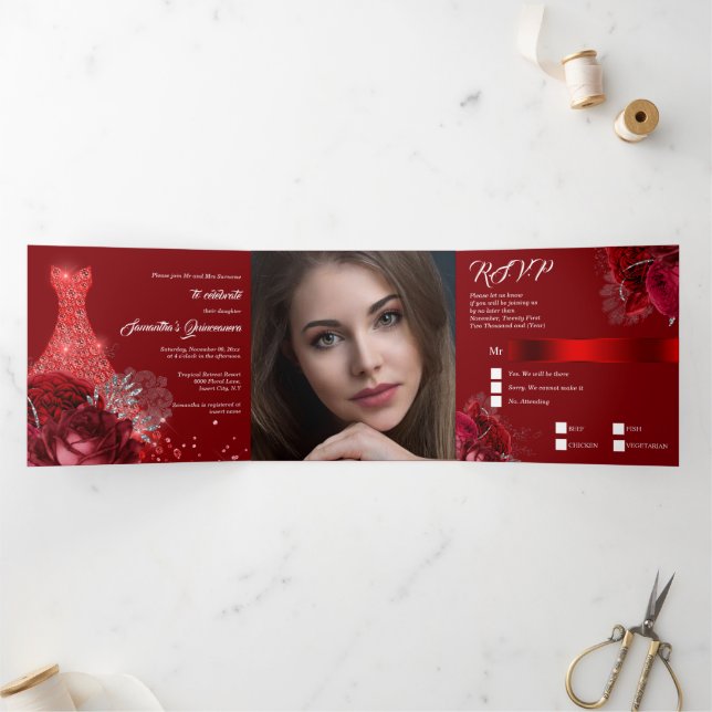 Red silver PHOTO floral rose ball gown girls Tri-Fold Invitation (Inside)