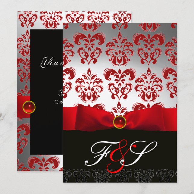RED SILVER RIBBON & BLACK DAMASK MONOGRAM Ruby Invitation (Front/Back)