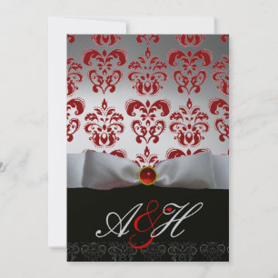 RED SILVER RIBBON & BLACK DAMASK MONOGRAM Ruby Invitation