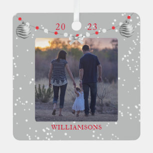 Red Silver Ribbon Holiday Keepsake Photo Frame Metal Ornament