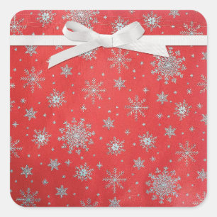 Red Silver Snow Flakes Christmas Card Envelope Square Sticker