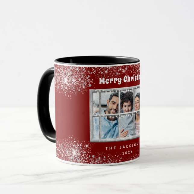 Red silver snow photo winter window mug (Front Left)