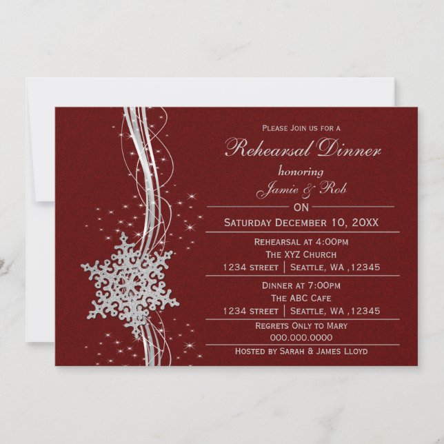 Red silver Snowflake Wedding Rehearsal Invites (Front)