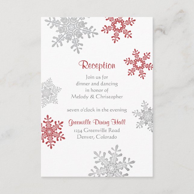 Red Silver Snowflake Winter Wedding Reception Enclosure Card (Front)
