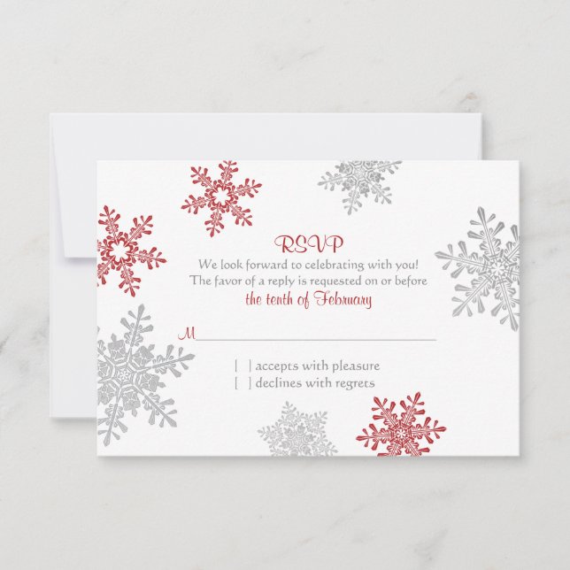 Red Silver Snowflake Winter Wedding RSVP Card (Front)