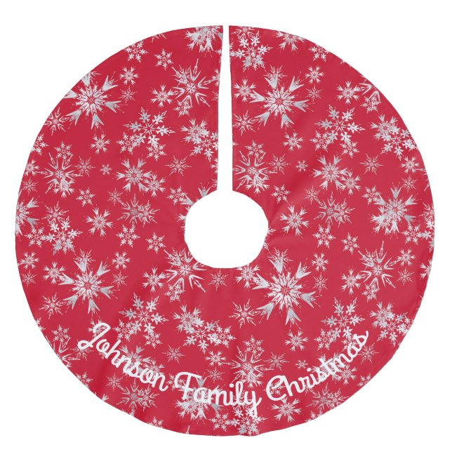 Red Silver Snowflakes Personalized Message Brushed Polyester Tree Skirt (Front)