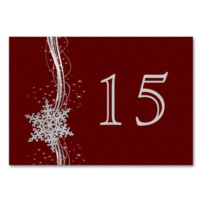 red Silver Snowflakes wedding table numbers (Front)