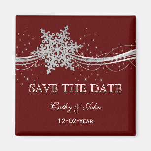 red Silver Snowflakes Winter save the Date Magnet