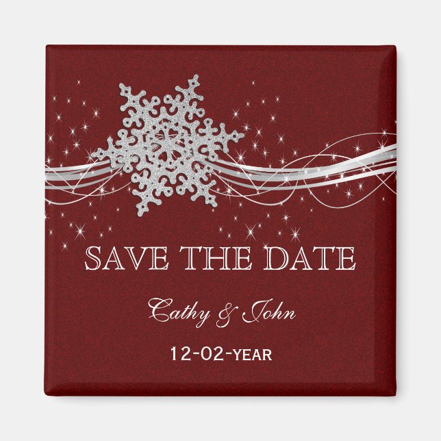 red Silver Snowflakes Winter save the Date Magnet (Front)