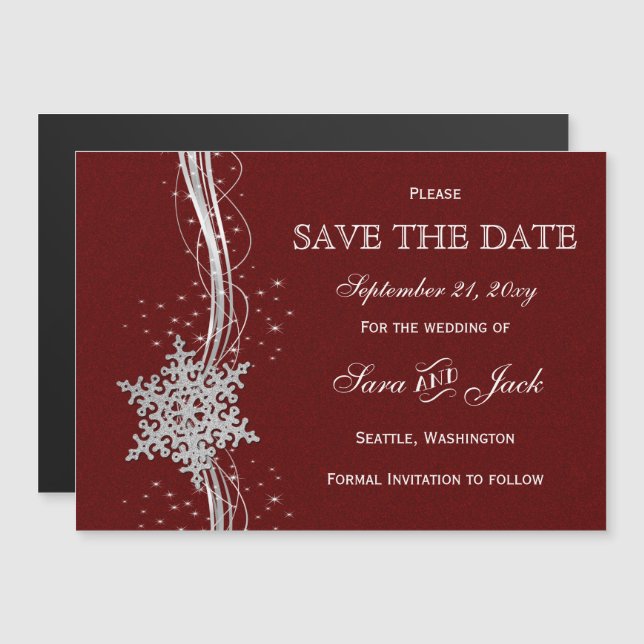 red Silver Snowflakes Winter  save the date Magnetic Invitation (Front/Back)