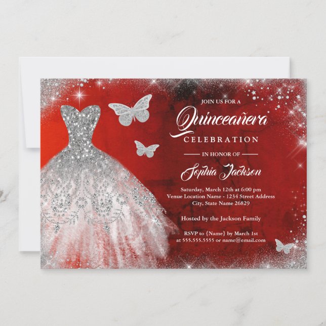 Red Silver Sparkle Dress Butterfly Quinceanera Invitation (Front)