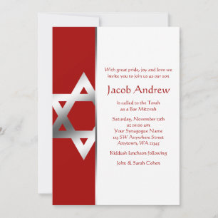 Red Silver Star de David Bar Mitzvah Invitations
