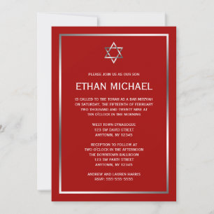 Red Silver Star of David Bar Mitzvah Invitations