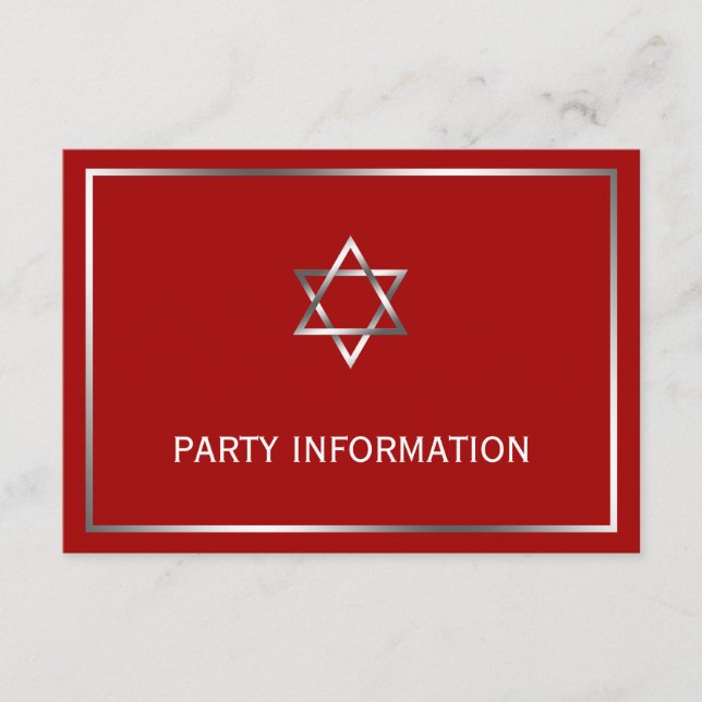 Red Silver Star of David Bar Mitzvah Party Enclosure Card (Front)