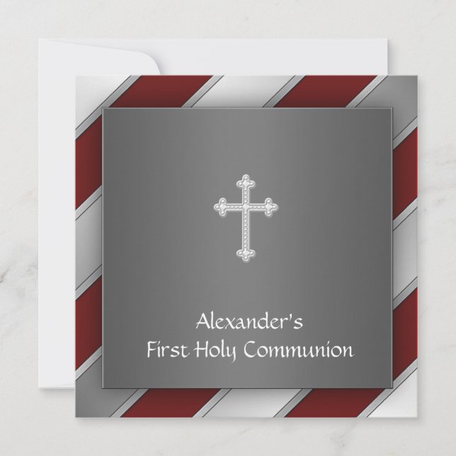 Red Silver Stripe Boy First Communion Invitation (Front)