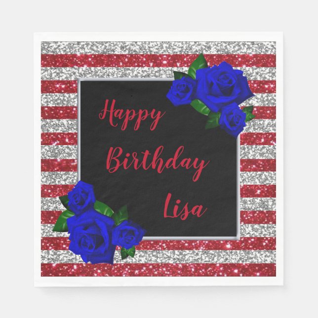 Red Silver Stripes Glitter Deep Blue Rose Birthday Napkin (Front)