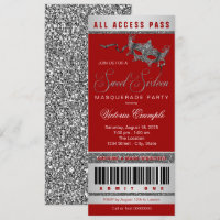 Red Silver Sweet 16 Masquerade Party Ticket