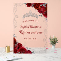 Red Silver Swirl Floral Quinceanera Acrylic Sign