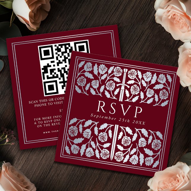 Red Silver Sword Royal Wedding RSVP QR Code Enclosure Card (Creator Uploaded)