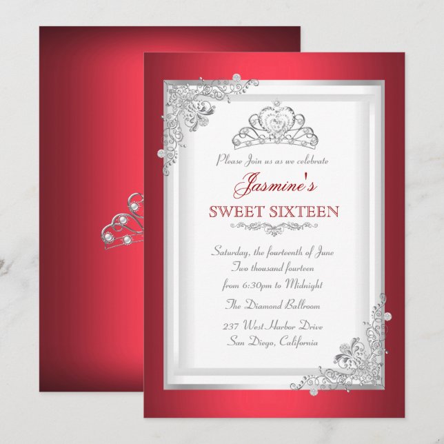 Red Silver White Tiara Sweet 16 Birthday Party Invitation (Front/Back)
