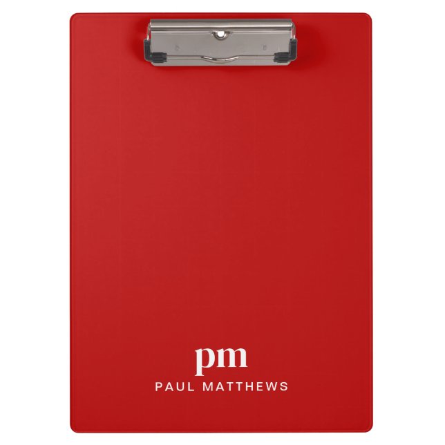 Red Simple Business Monogram Initials and Name Clipboard (Front)