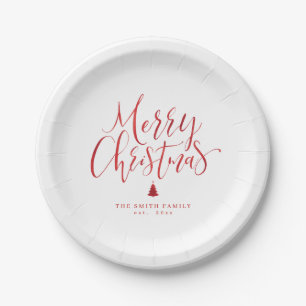 Red Simple Calligraphy Merry Christmas Paper Plate