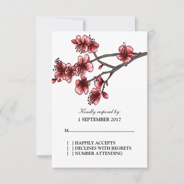 Red Simple Cherry Blossoms RSVP Card (Front)