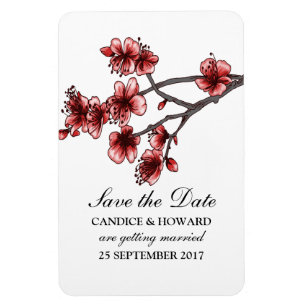 Red Simple Cherry Blossoms Save the Date Magnet