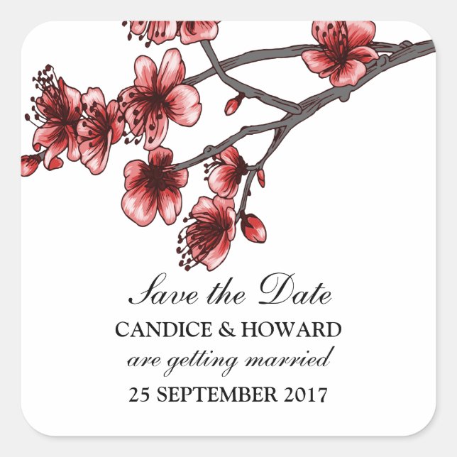 Red Simple Cherry Blossoms Save the Date Square Sticker (Front)