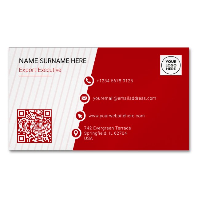 Red Simple Formal QR Code Modern Magnetic Business Card (Front)