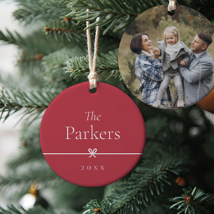 Red Simple Minimal Bow Photo Ceramic Ornament