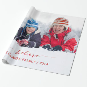 RED SIMPLY BELIEVE PHOTO HOLIDAY GREETINGS WRAPPING PAPER