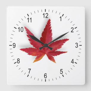 Red single autumn leaf square wall clock