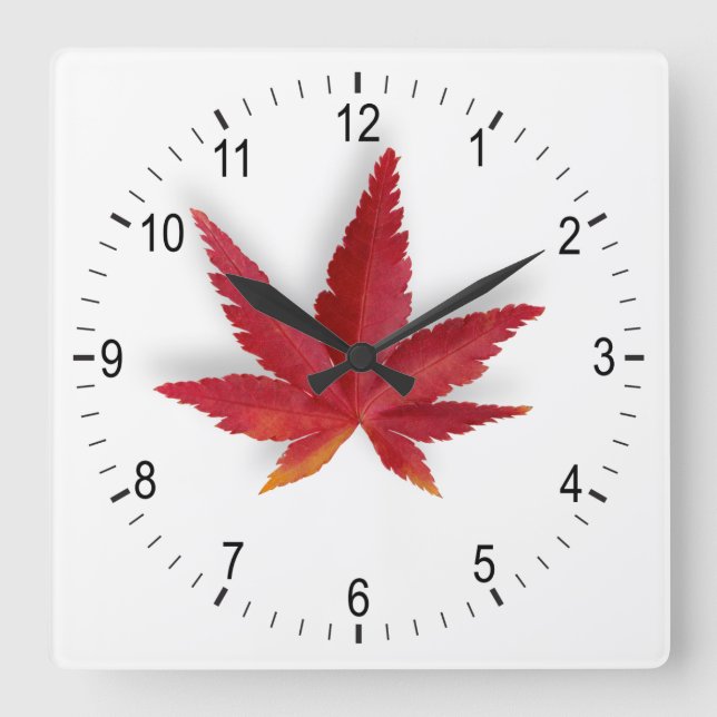 Red single autumn leaf square wall clock (Front)
