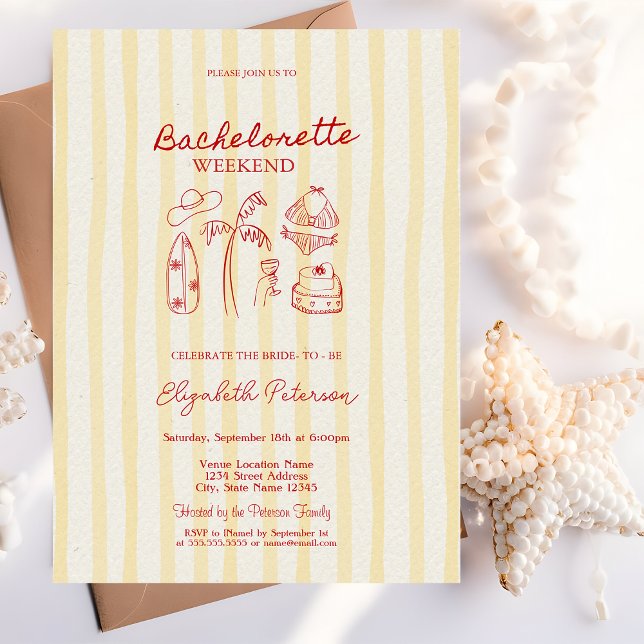 Red Sketch Bachelorette Weekend Yellow Stripes Invitation (Creator Uploaded)