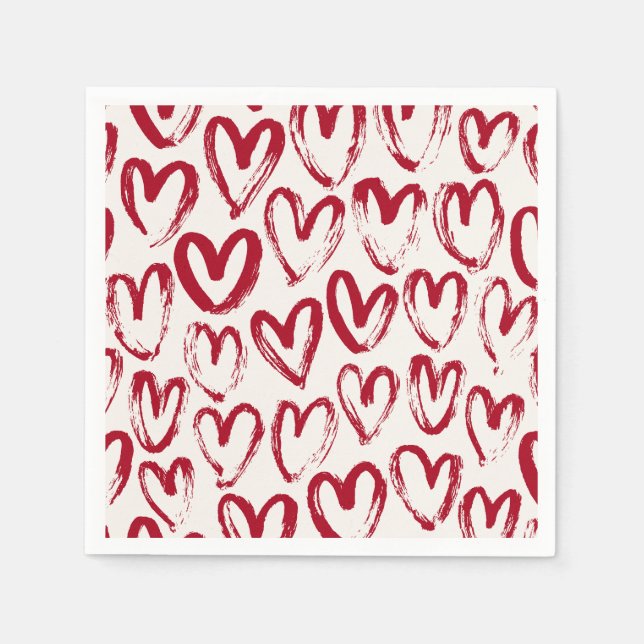 Red Sketch Heart Patterns Hand-Drawn Doodle-Style Napkin (Front)