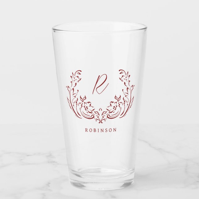 Red Sketched Vintage Flourish Family Monogram  Glass (Front)