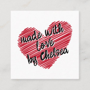 Red Sketchy Heart "Made with Love" Square Business Card