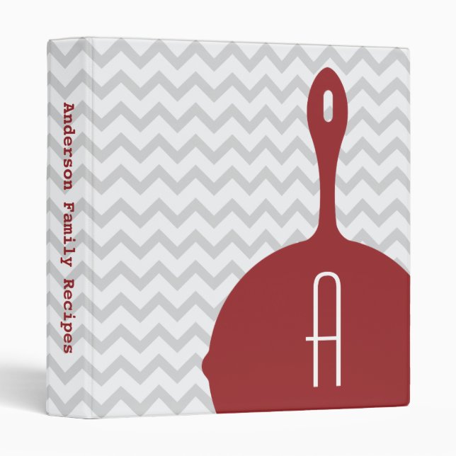 Red Skillet + Grey Chevron Monogram Recipe Binder (Front/Spine)