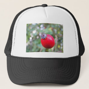Red skirt with white bucket trucker hat