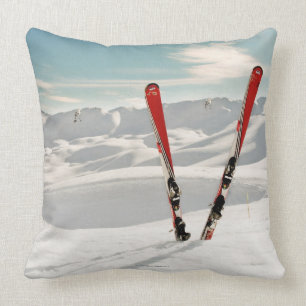 Red Skis Throw Pillow