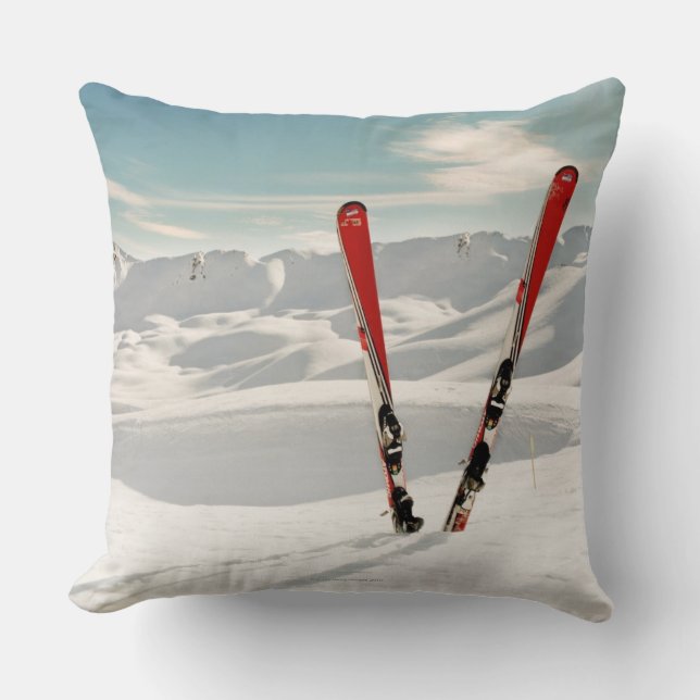Red Skis Throw Pillow (Front)