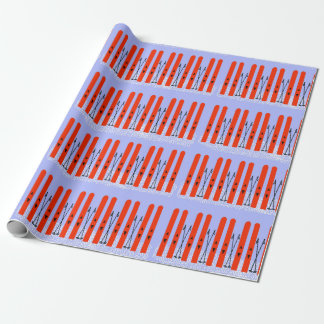 Red skis with purple wrapping paper