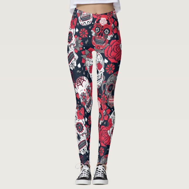 Red skull floral pattern leggings (Front)