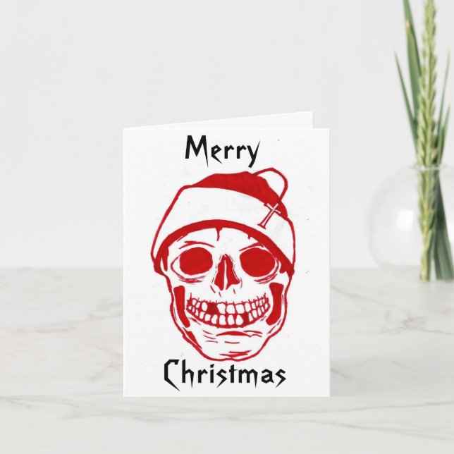 Red Skull In Santa Hat Holiday Card (Front)