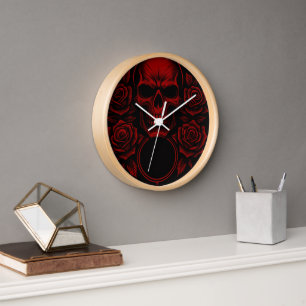Red Skull with Roses - Dark Gothic Artwork Clock