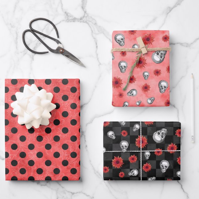 Red Skulls and Sunflower Series Design 4   Wrapping Paper Sheet (Front)