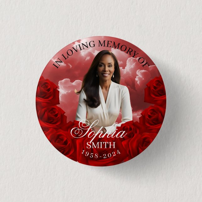 Red Sky Roses Funeral Memorial Button Keepsake (Front)