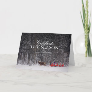 Red Sleigh ride near snow covered forest. Holiday Card