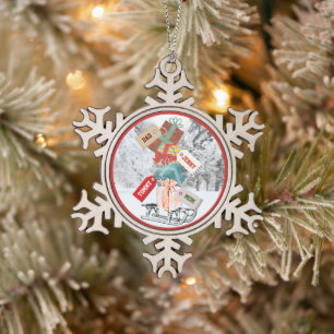 Red Sleigh Typography Family Name Holly Christmas Snowflake Pewter Christmas Ornament